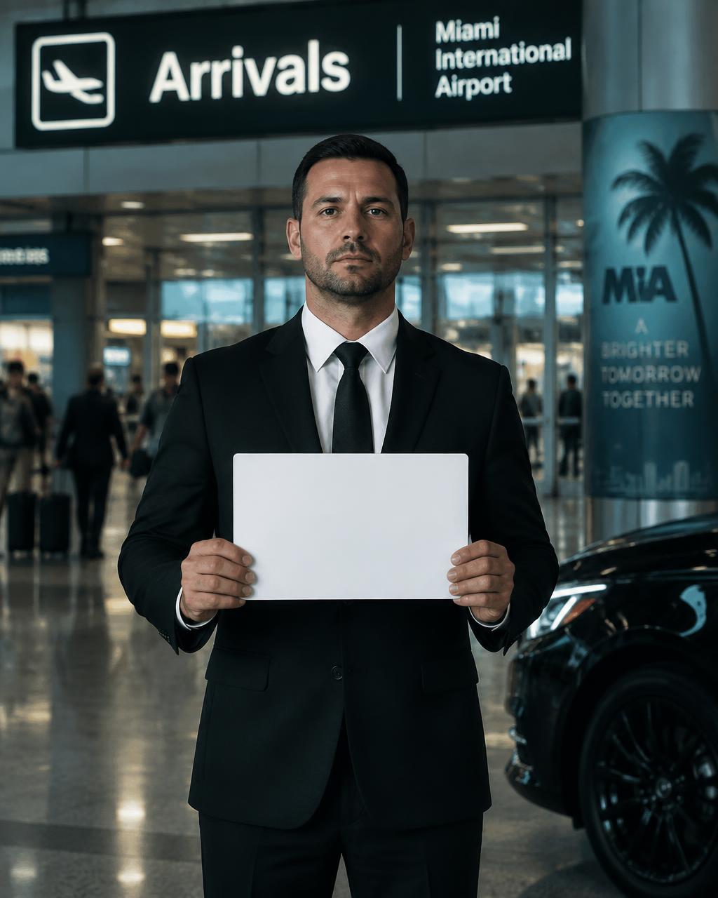 Chauffeur holding a name sign at Miami International Airport arrivals